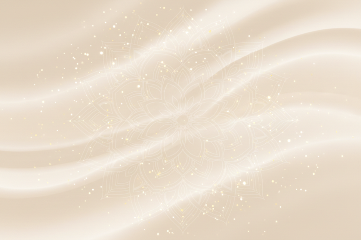 Wide hero banner background for a wellness landing page, soft beige gradient, subtle mandala watermark, light gold sparkles, minimal elegant feminine style, lots of empty space in the center for text, no people, no words, high resolution 16:9.